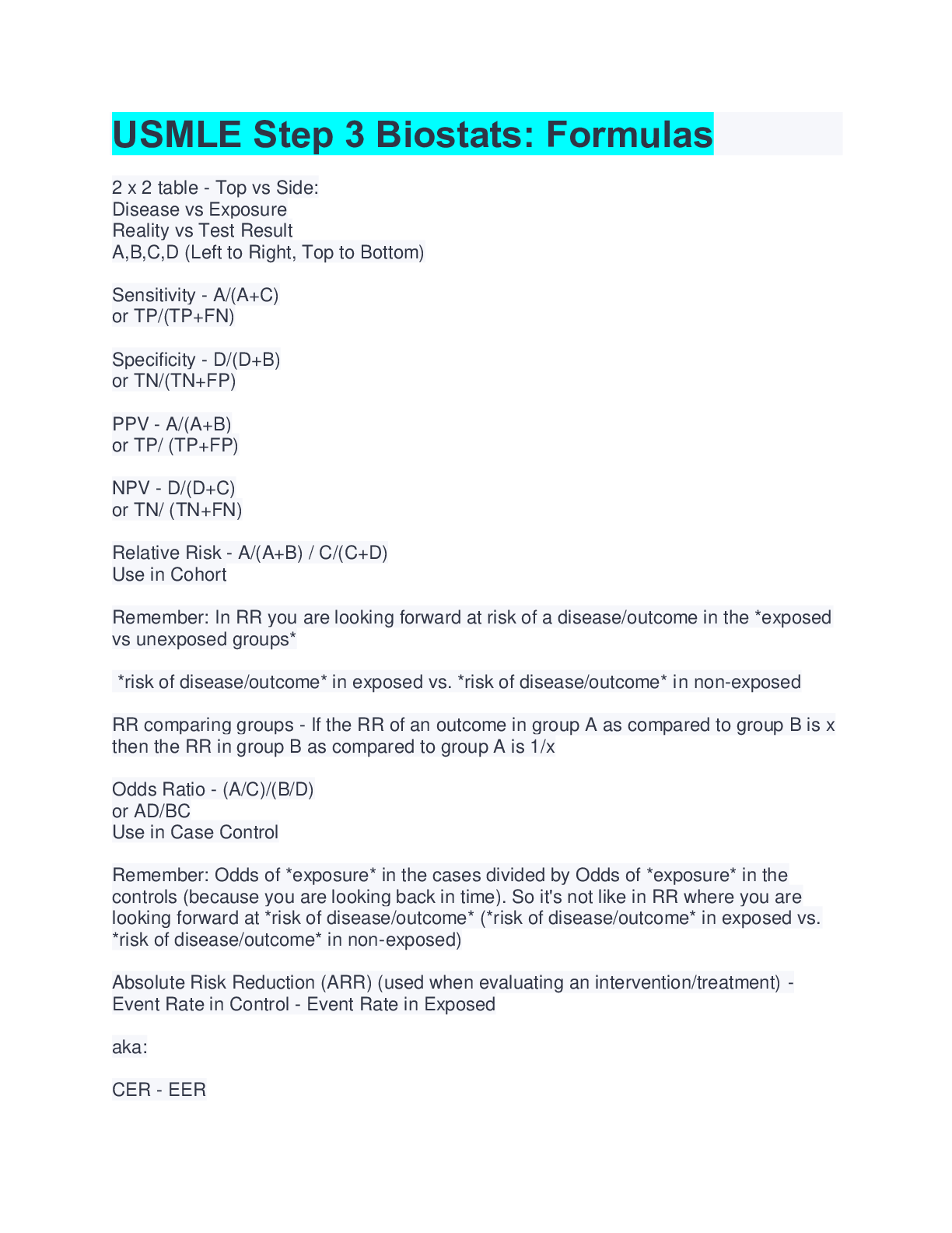 Preview image for USMLE Step 3 Biostats: Formulas Questions And Answers. Rated A